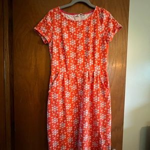 Perfect Boden summer dress, orange bold print, knee-length, 6
